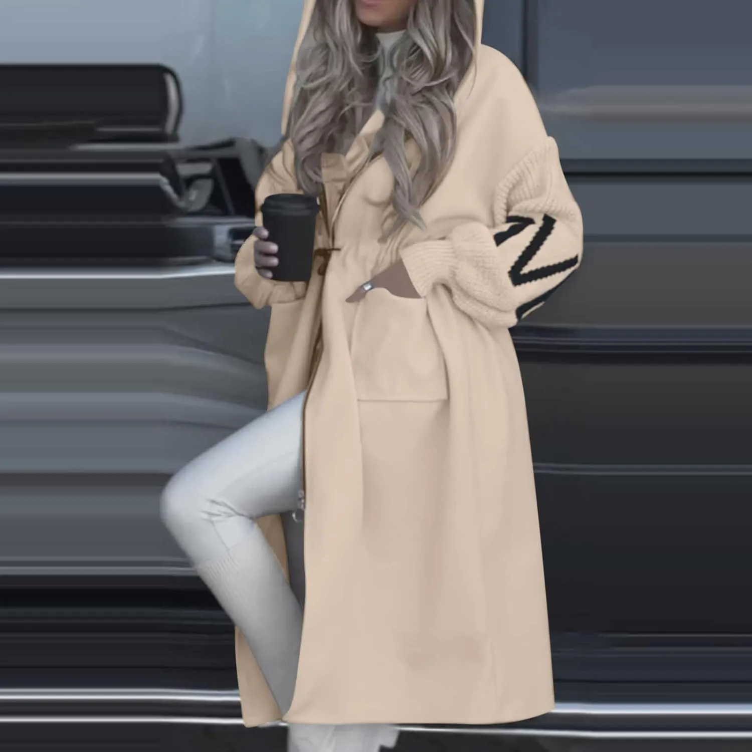 HGps8w Long Hoodies Jacket for Women Letter Knitted Patchwork Long Sleeve Casual Drawstring Waist Outerwear with Pockets
