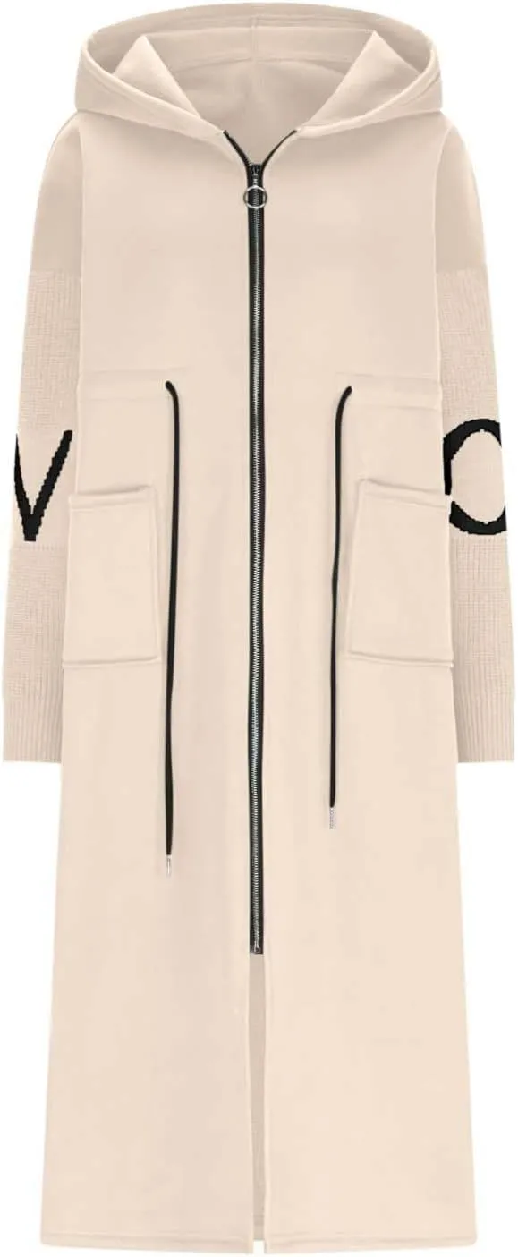 HGps8w Long Hoodies Jacket for Women Letter Knitted Patchwork Long Sleeve Casual Drawstring Waist Outerwear with Pockets