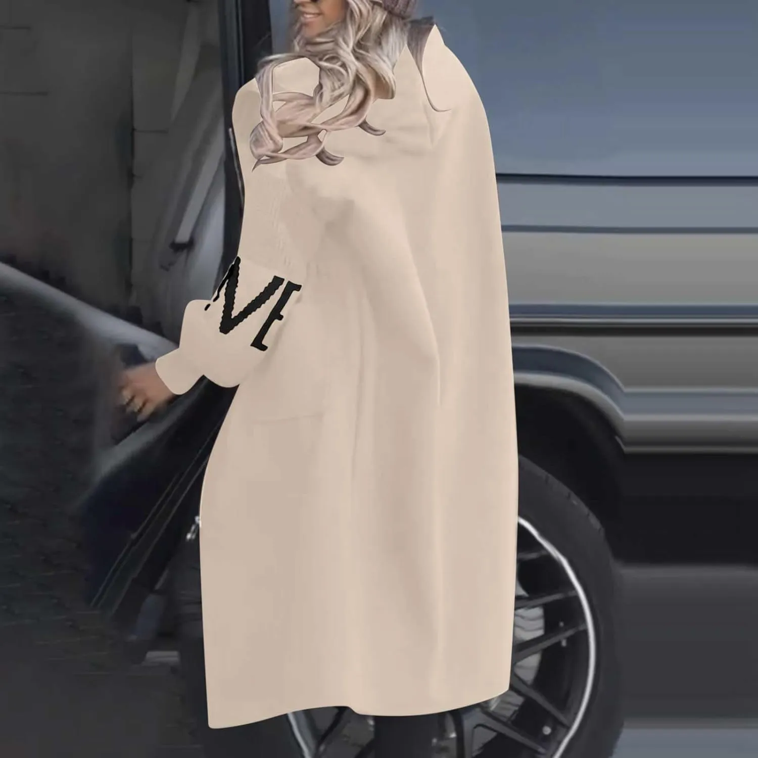 HGps8w Long Hoodies Jacket for Women Letter Knitted Patchwork Long Sleeve Casual Drawstring Waist Outerwear with Pockets