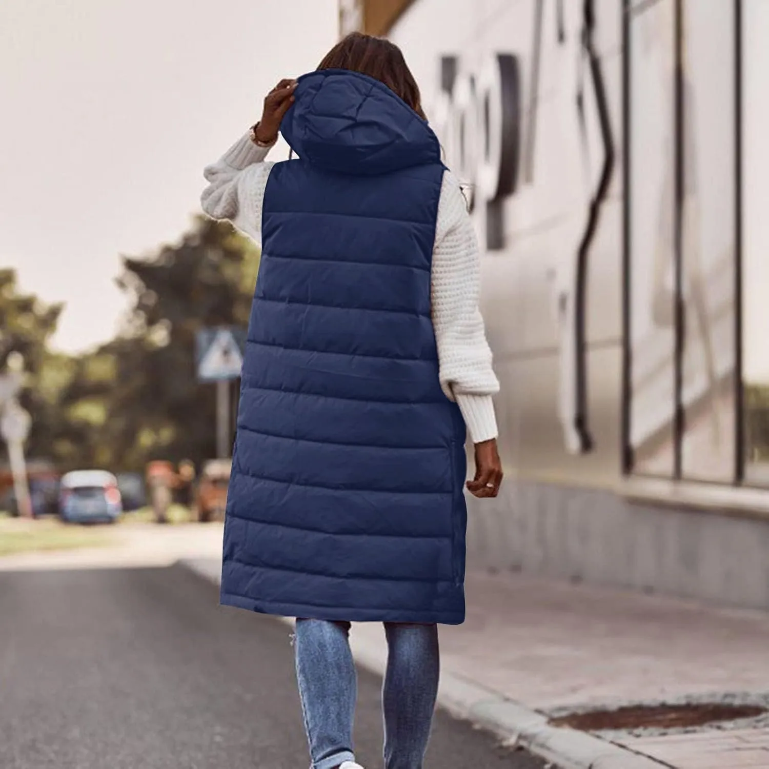 HGps8w Puffer Vest for Women Winter Warm Quilted Zipper Coats Plus Size Sleeveless Hooded Jacket Outdoor Mid-Long Down Vests
