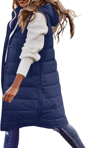 HGps8w Puffer Vest for Women Winter Warm Quilted Zipper Coats Plus Size Sleeveless Hooded Jacket Outdoor Mid-Long Down Vests