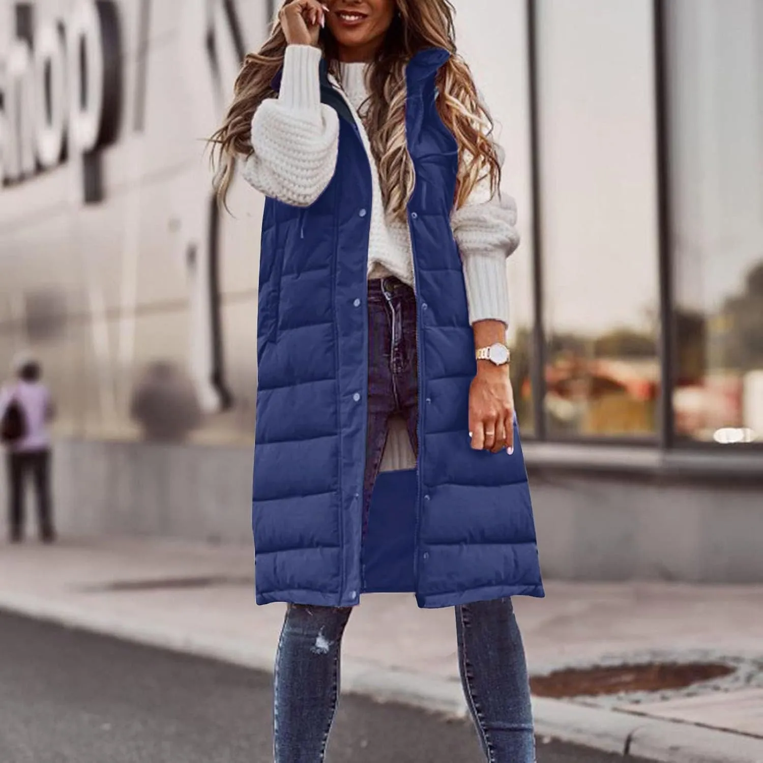 HGps8w Puffer Vest for Women Winter Warm Quilted Zipper Coats Plus Size Sleeveless Hooded Jacket Outdoor Mid-Long Down Vests