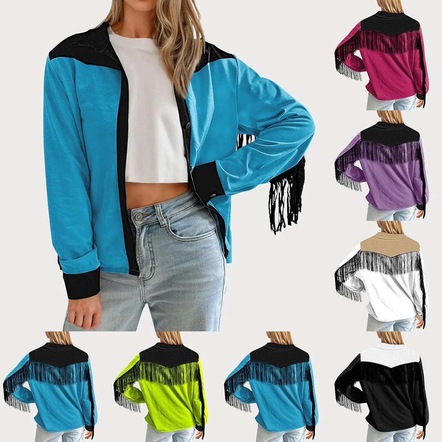 HGps8w Women's Fringe Jackets Fashion Color Block Tassel Motorcycle Cropped Coats Retro Cowgirl Cardigan Outerwear