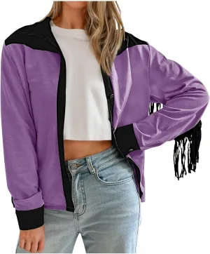 HGps8w Women's Fringe Jackets Fashion Color Block Tassel Motorcycle Cropped Coats Retro Cowgirl Cardigan Outerwear