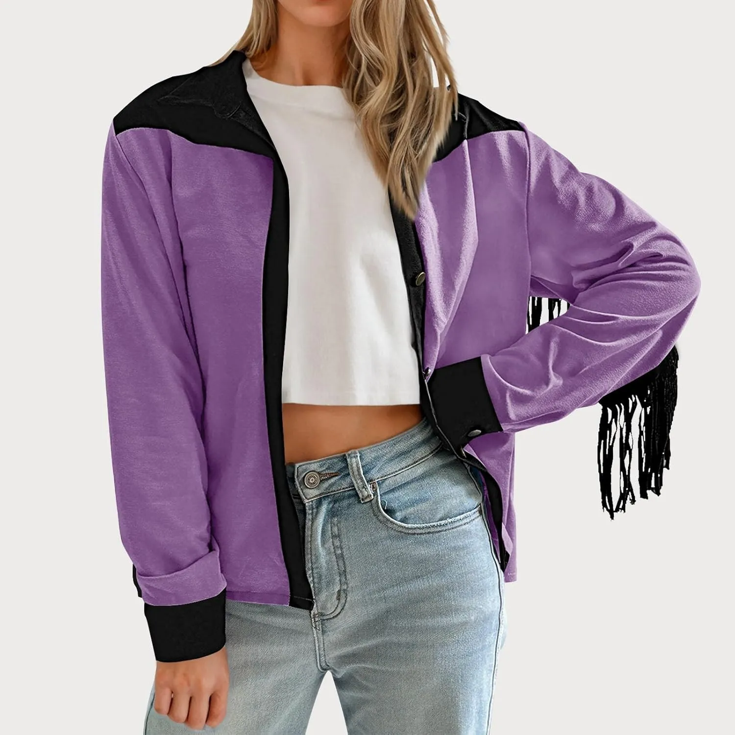 HGps8w Women's Fringe Jackets Fashion Color Block Tassel Motorcycle Cropped Coats Retro Cowgirl Cardigan Outerwear