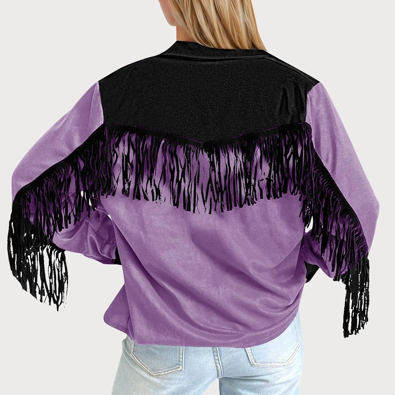 HGps8w Women's Fringe Jackets Fashion Color Block Tassel Motorcycle Cropped Coats Retro Cowgirl Cardigan Outerwear