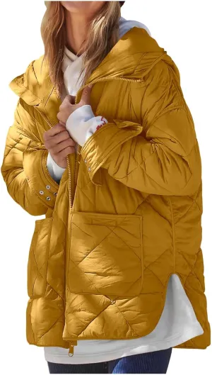 HGps8w Women's Hooded Winter Quilted Coats, Padded Down Oversized Warm Outerwear Puffer Jackets with Pockets