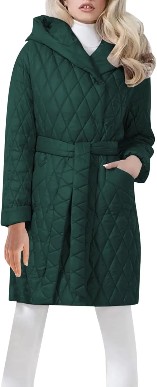 HGps8w Women's Hooded Winter Quilted Wrap Coat with Belt, Mid-Long Warm Padded Down Puffer Jacket Elegant Overcoat