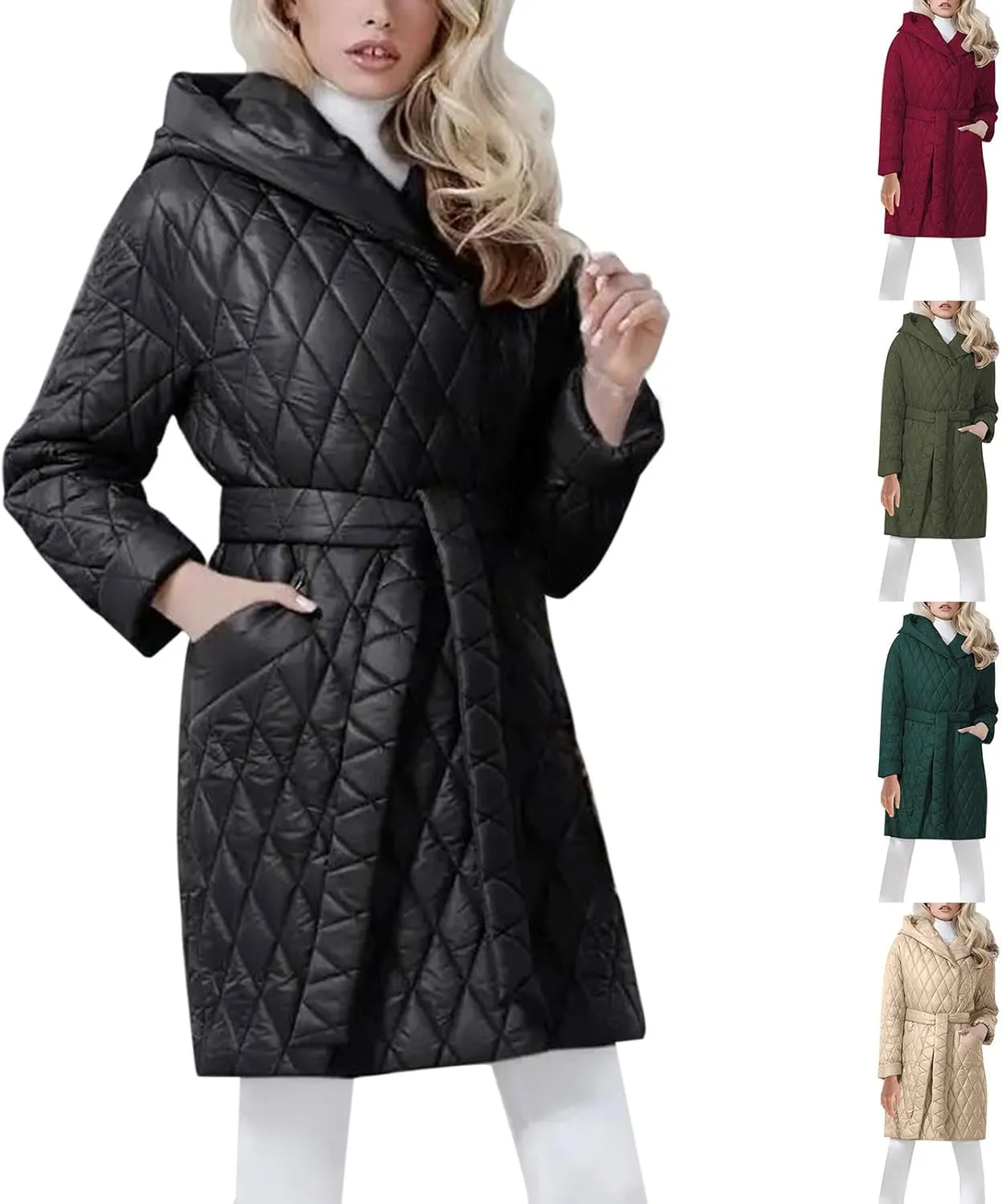HGps8w Women's Hooded Winter Quilted Wrap Coat with Belt, Mid-Long Warm Padded Down Puffer Jacket Elegant Overcoat