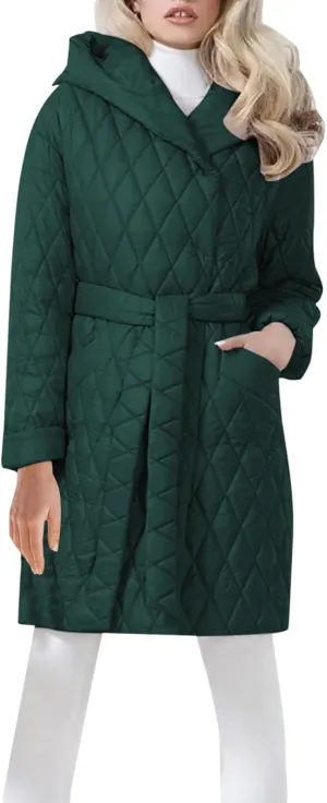 HGps8w Women's Hooded Winter Quilted Wrap Coat with Belt, Mid-Long Warm Padded Down Puffer Jacket Elegant Overcoat
