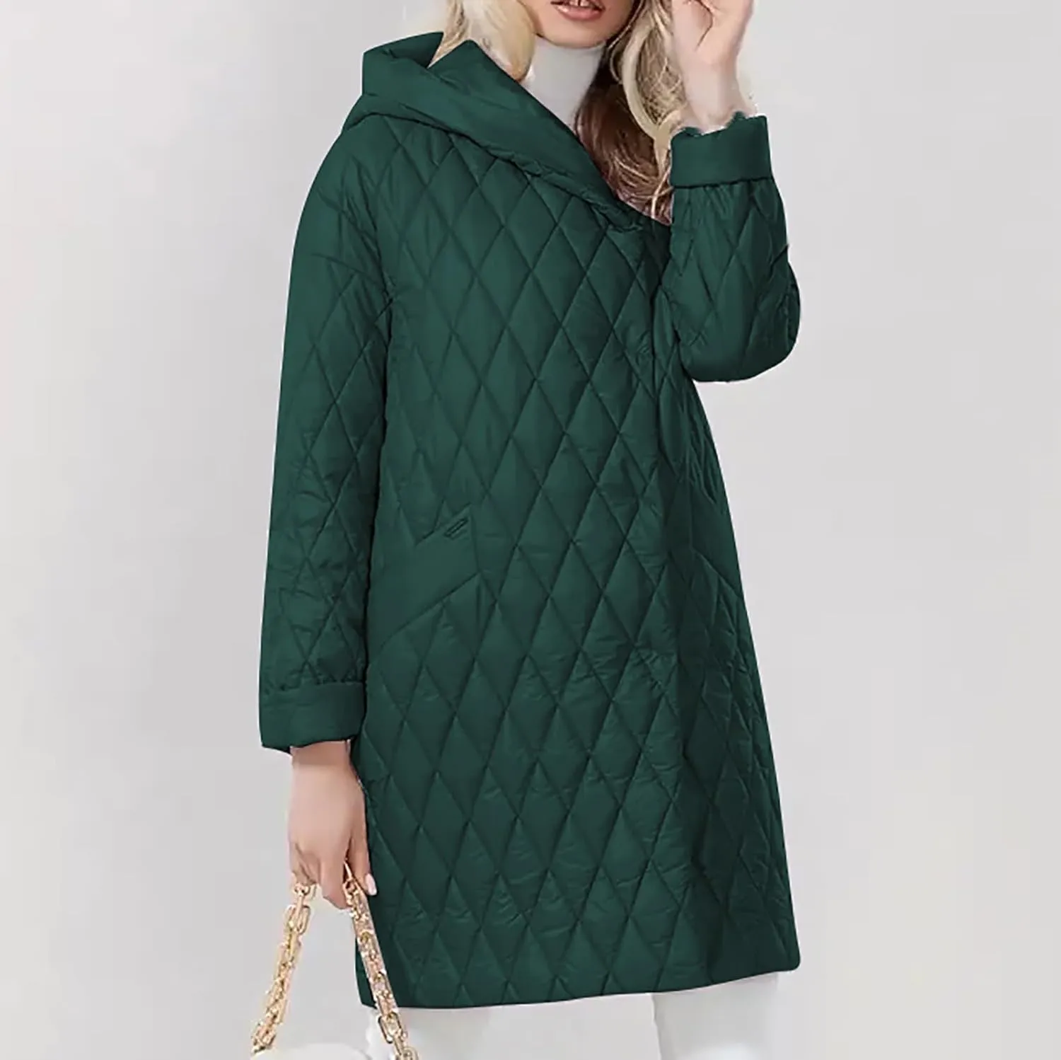 HGps8w Women's Hooded Winter Quilted Wrap Coat with Belt, Mid-Long Warm Padded Down Puffer Jacket Elegant Overcoat