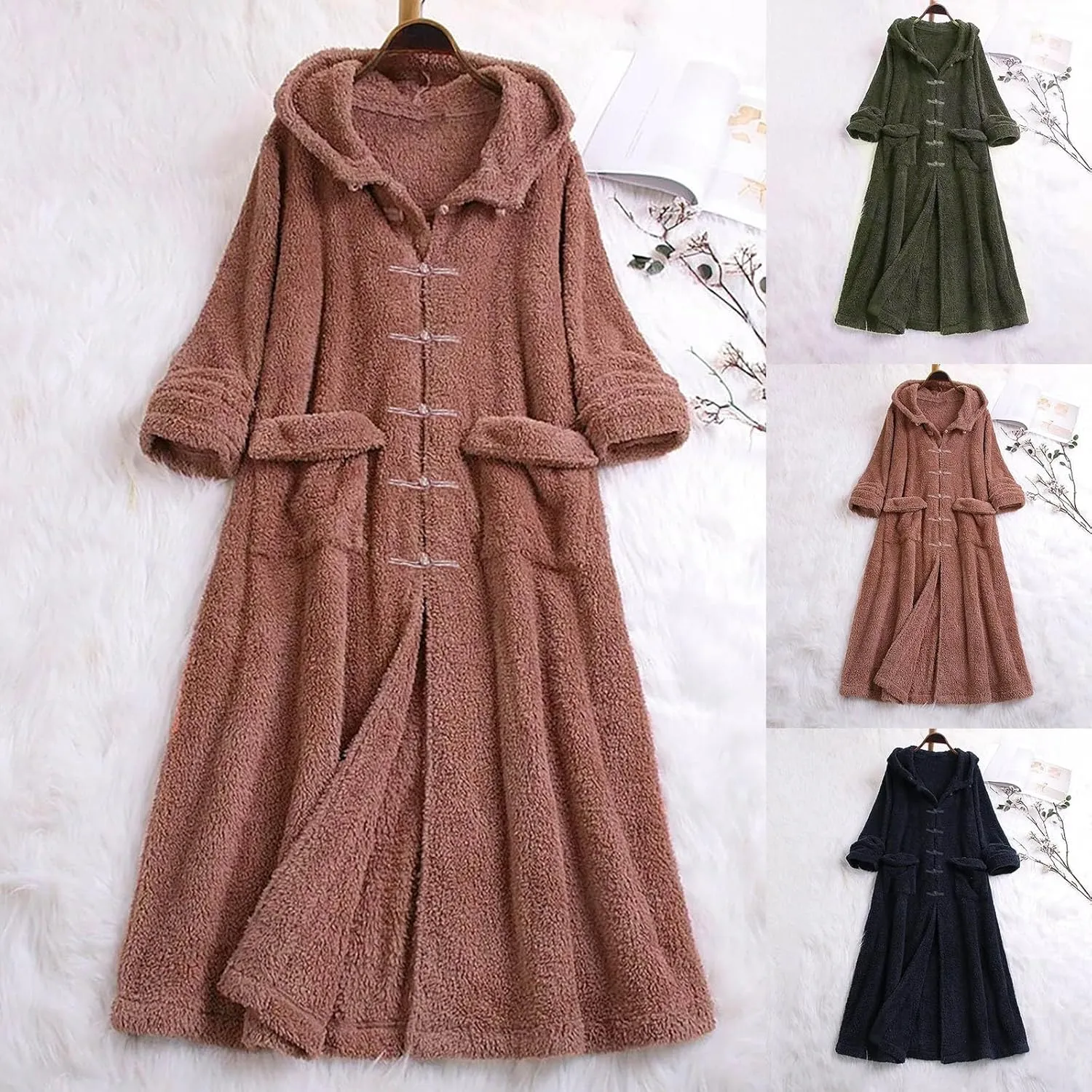 HGps8w Women's Long Plush Coat Chinese Style Buckle Fuzzy Winter Fall Thermal Loose Oversized Long Hooded Jacket