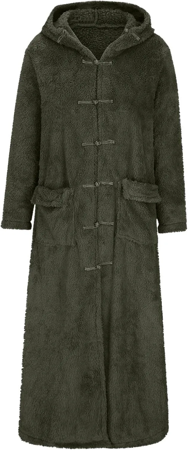 HGps8w Women's Long Plush Coat Chinese Style Buckle Fuzzy Winter Fall Thermal Loose Oversized Long Hooded Jacket