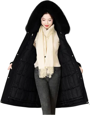 HGps8w Women's Long Quilted Coats Fur Trim Hooded Thickened Warm Winter Puffer Jackets Long Sleeve Padded Down Outerwear