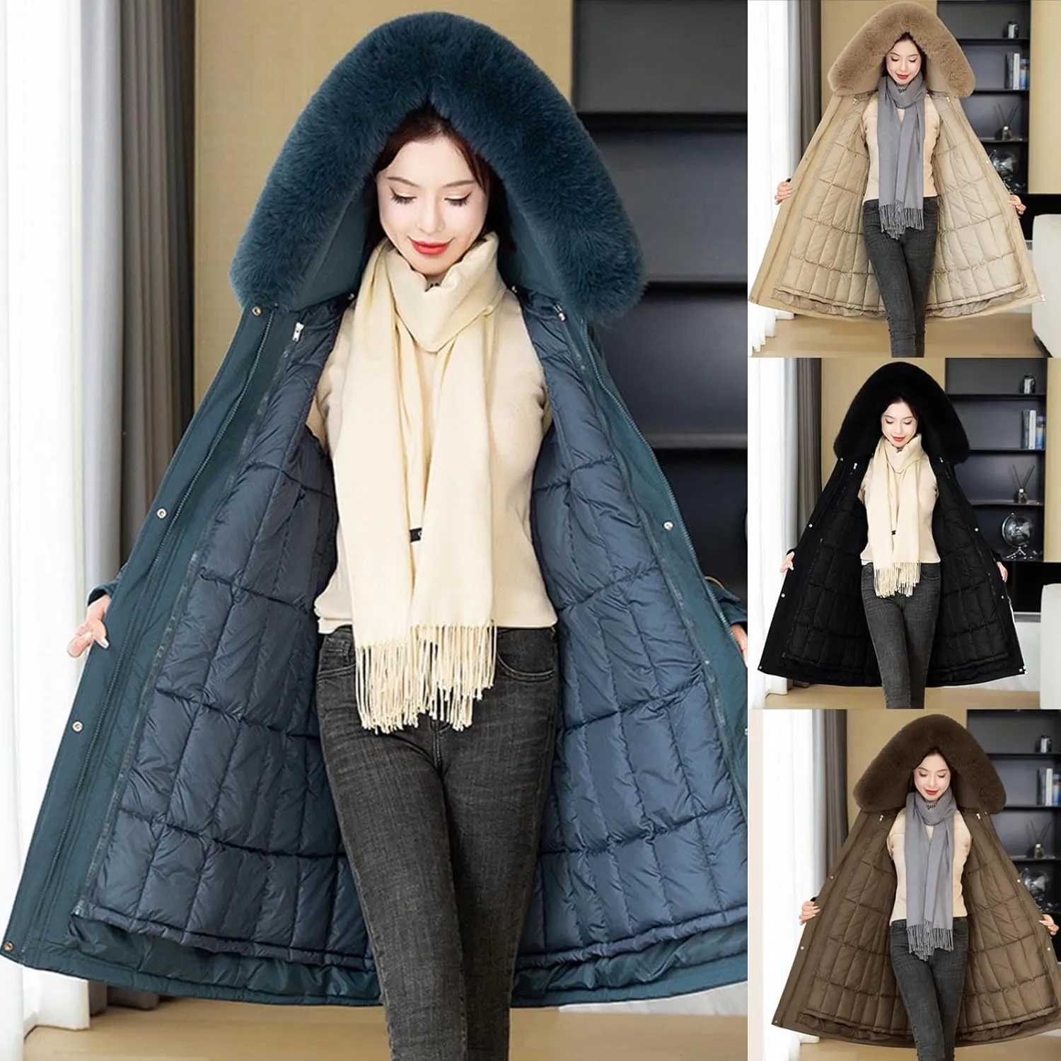 HGps8w Women's Long Quilted Coats Fur Trim Hooded Thickened Warm Winter Puffer Jackets Long Sleeve Padded Down Outerwear