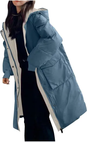 HGps8w Women's Long Winter Quilted Coats Colorblock Loose Warm Hooded Puffer Jackets Long Sleeve Padded Down Outerwear
