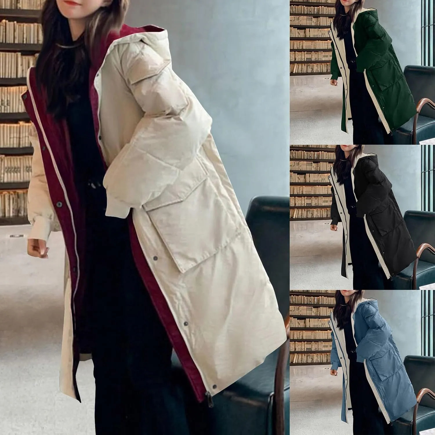 HGps8w Women's Long Winter Quilted Coats Colorblock Loose Warm Hooded Puffer Jackets Long Sleeve Padded Down Outerwear