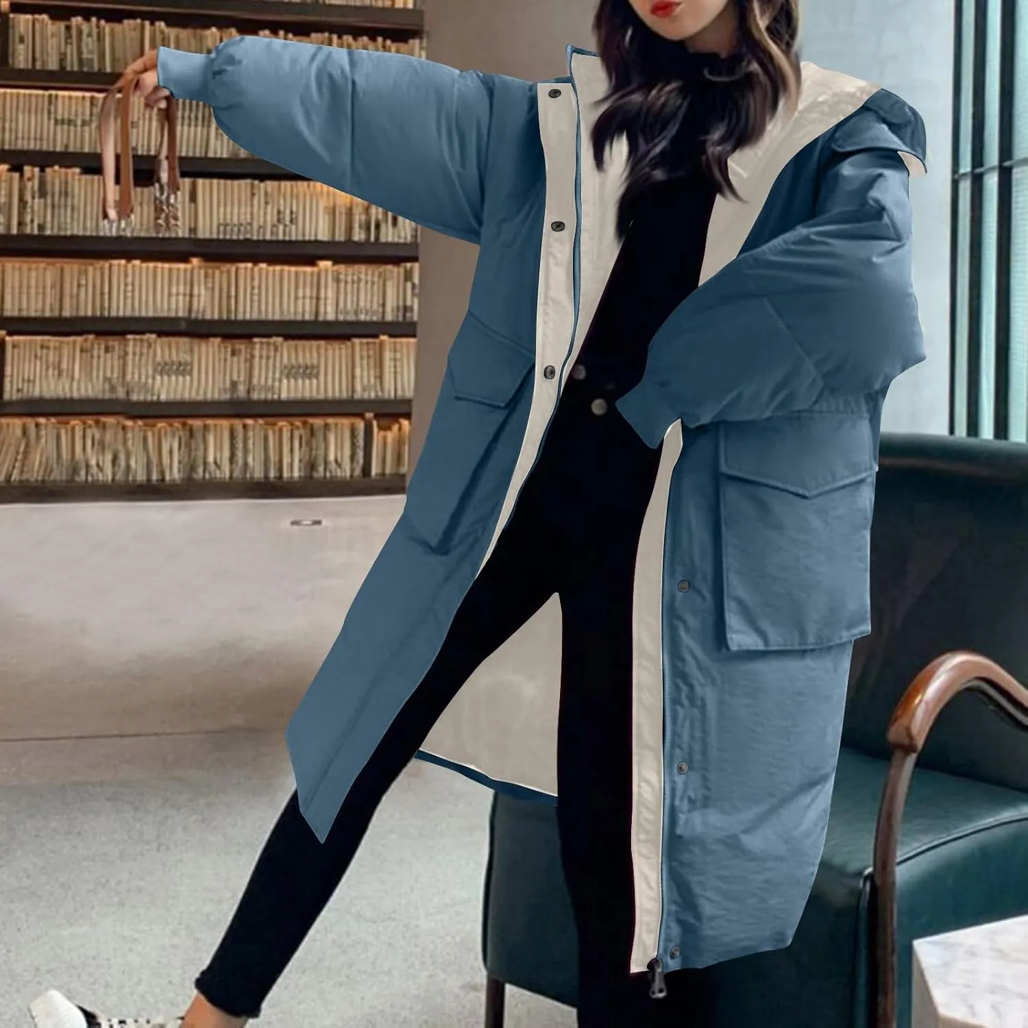 HGps8w Women's Long Winter Quilted Coats Colorblock Loose Warm Hooded Puffer Jackets Long Sleeve Padded Down Outerwear