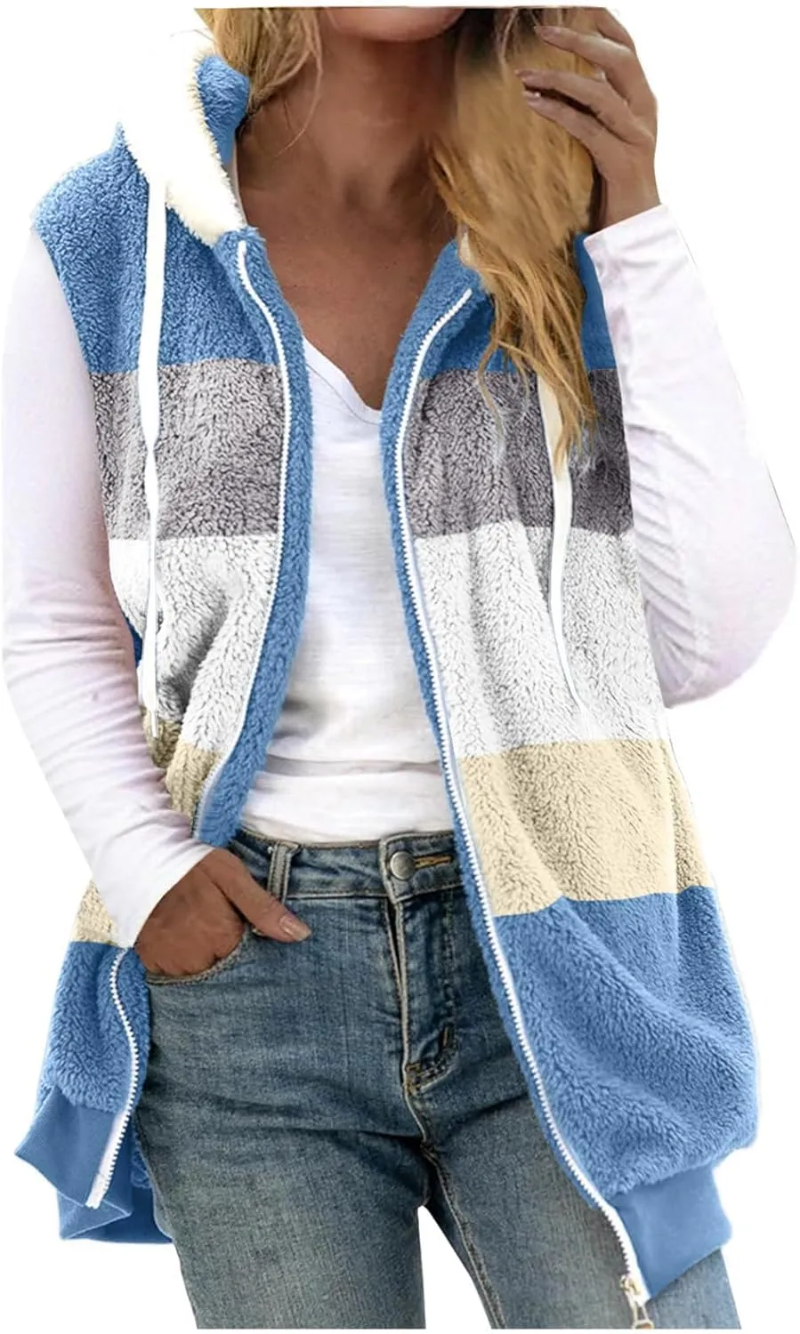 HGps8w Women's Oversized Color Block Fuzzy Fleece Vest, Winter Casual Warm Sleeveless Zip Up Sherpa Hooded Jacket Outerwear