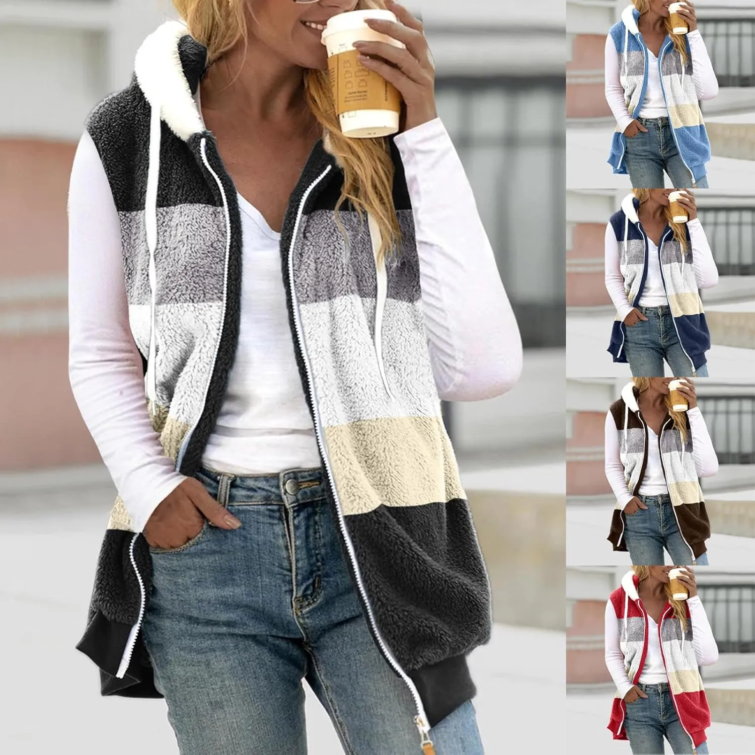 HGps8w Women's Oversized Color Block Fuzzy Fleece Vest, Winter Casual Warm Sleeveless Zip Up Sherpa Hooded Jacket Outerwear