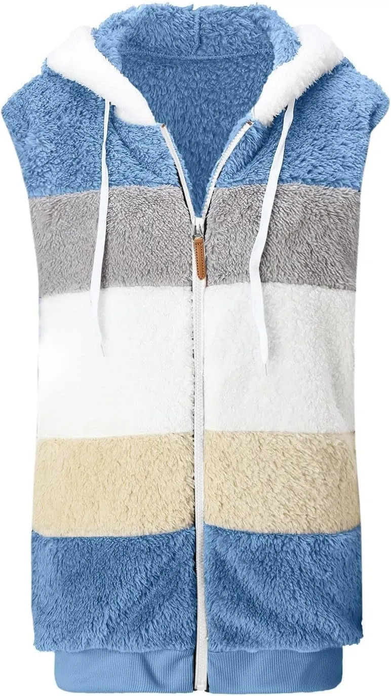 HGps8w Women's Oversized Color Block Fuzzy Fleece Vest, Winter Casual Warm Sleeveless Zip Up Sherpa Hooded Jacket Outerwear