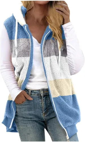 HGps8w Women's Oversized Color Block Fuzzy Fleece Vest, Winter Casual Warm Sleeveless Zip Up Sherpa Hooded Jacket Outerwear