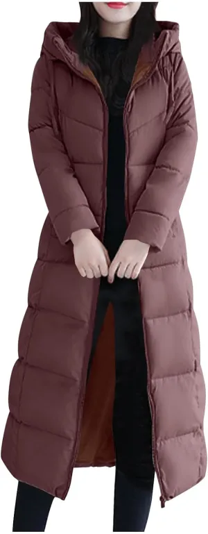 HGps8w Women's Plus Size Long Winter Quilted Coats Maxi Length Warm Hooded Puffer Jackets Long Sleeve Padded Down Outerwear