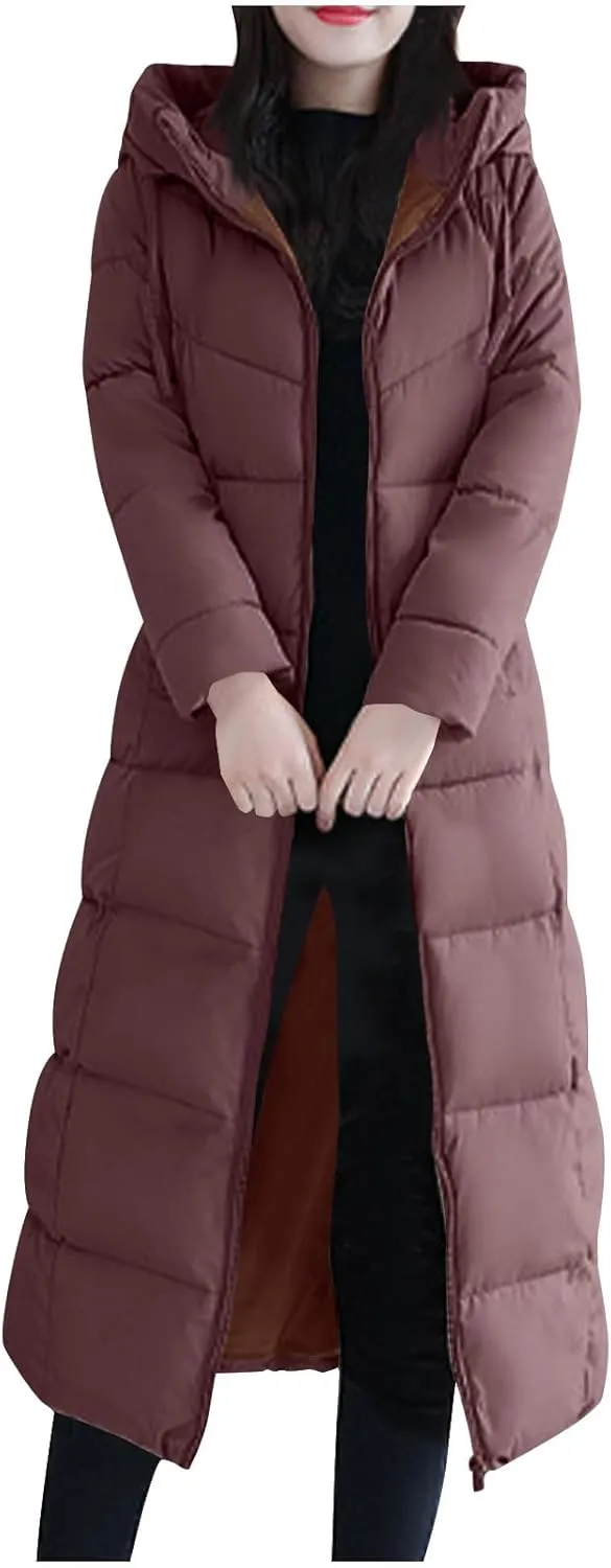 HGps8w Women's Plus Size Long Winter Quilted Coats Maxi Length Warm Hooded Puffer Jackets Long Sleeve Padded Down Outerwear