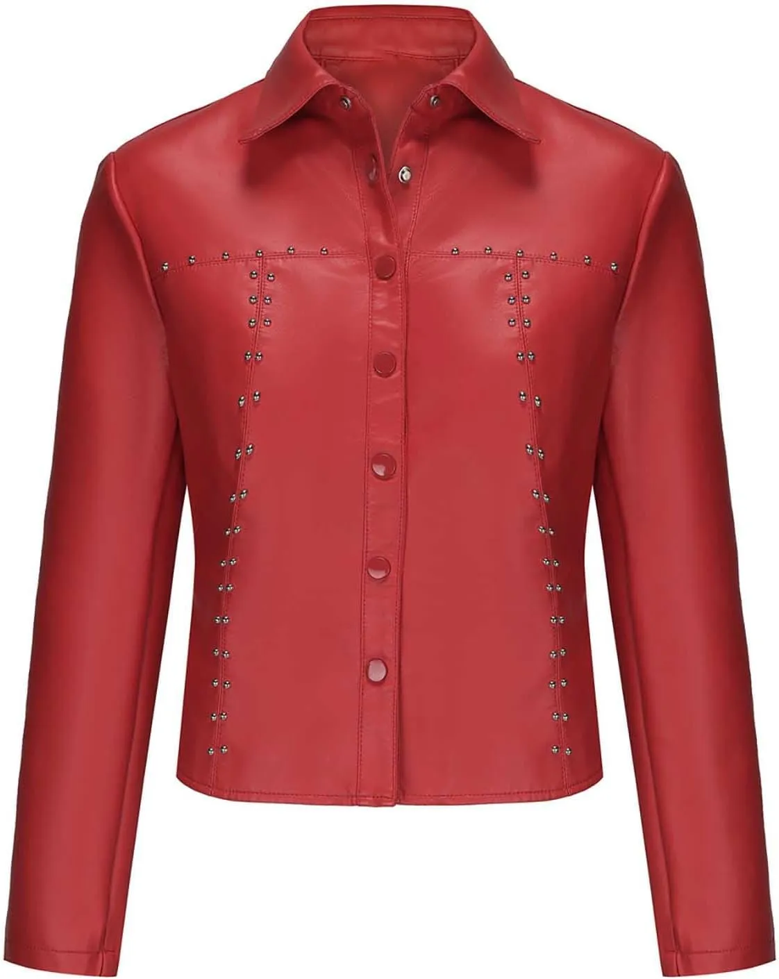 HGps8w Women's Punk Rivets Cropped Faux Leather Jacket, Chic Lapel Button Down Casual PU Moto Bike Coat Outwear