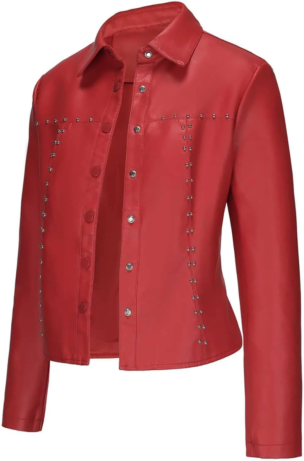 HGps8w Women's Punk Rivets Cropped Faux Leather Jacket, Chic Lapel Button Down Casual PU Moto Bike Coat Outwear