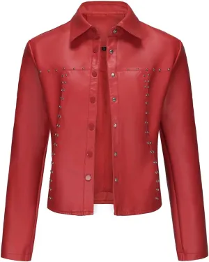 HGps8w Women's Punk Rivets Cropped Faux Leather Jacket, Chic Lapel Button Down Casual PU Moto Bike Coat Outwear