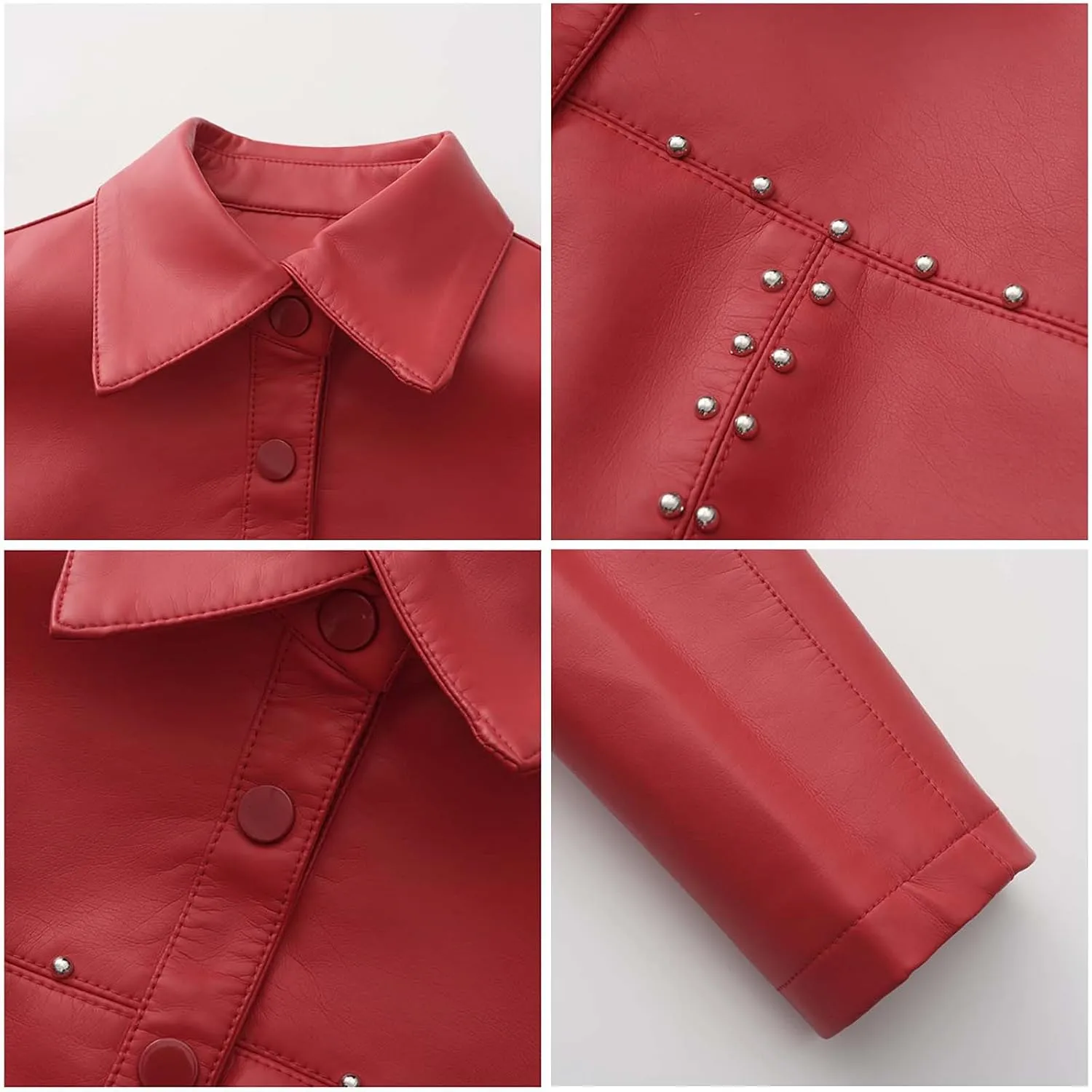 HGps8w Women's Punk Rivets Cropped Faux Leather Jacket, Chic Lapel Button Down Casual PU Moto Bike Coat Outwear