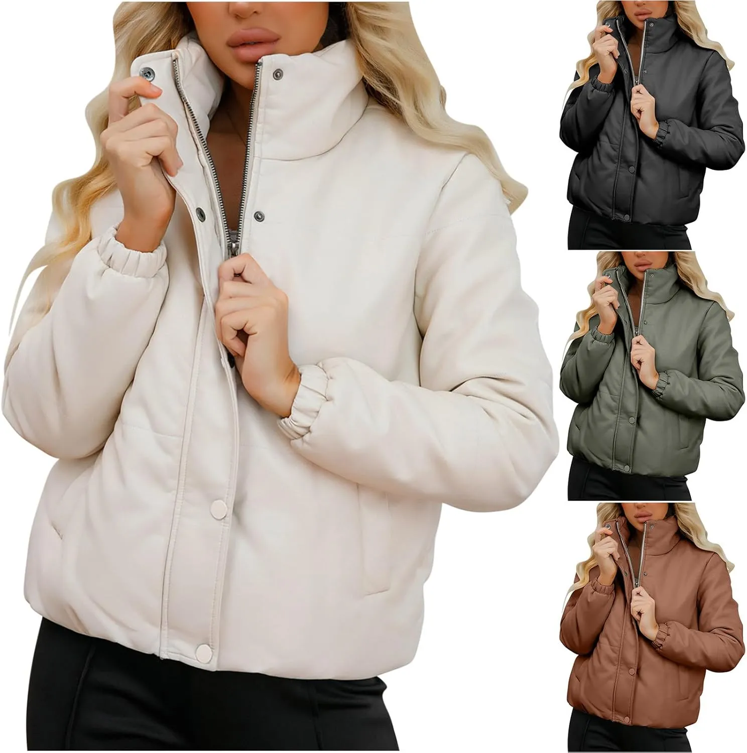 HGps8w Women's Stand Collar Quilted Puffer Jackets, Casual Long Sleeve Padded Down Outerwear Warm Winter Coat with Pockets