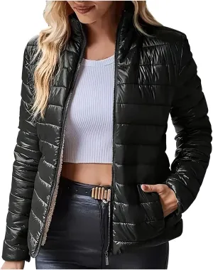 HGps8w Women's Stand Collar Winter Quilted Coats Slim Fit Full Zip Puffer Jackets Padded Down Lightweight Warm Outerwear
