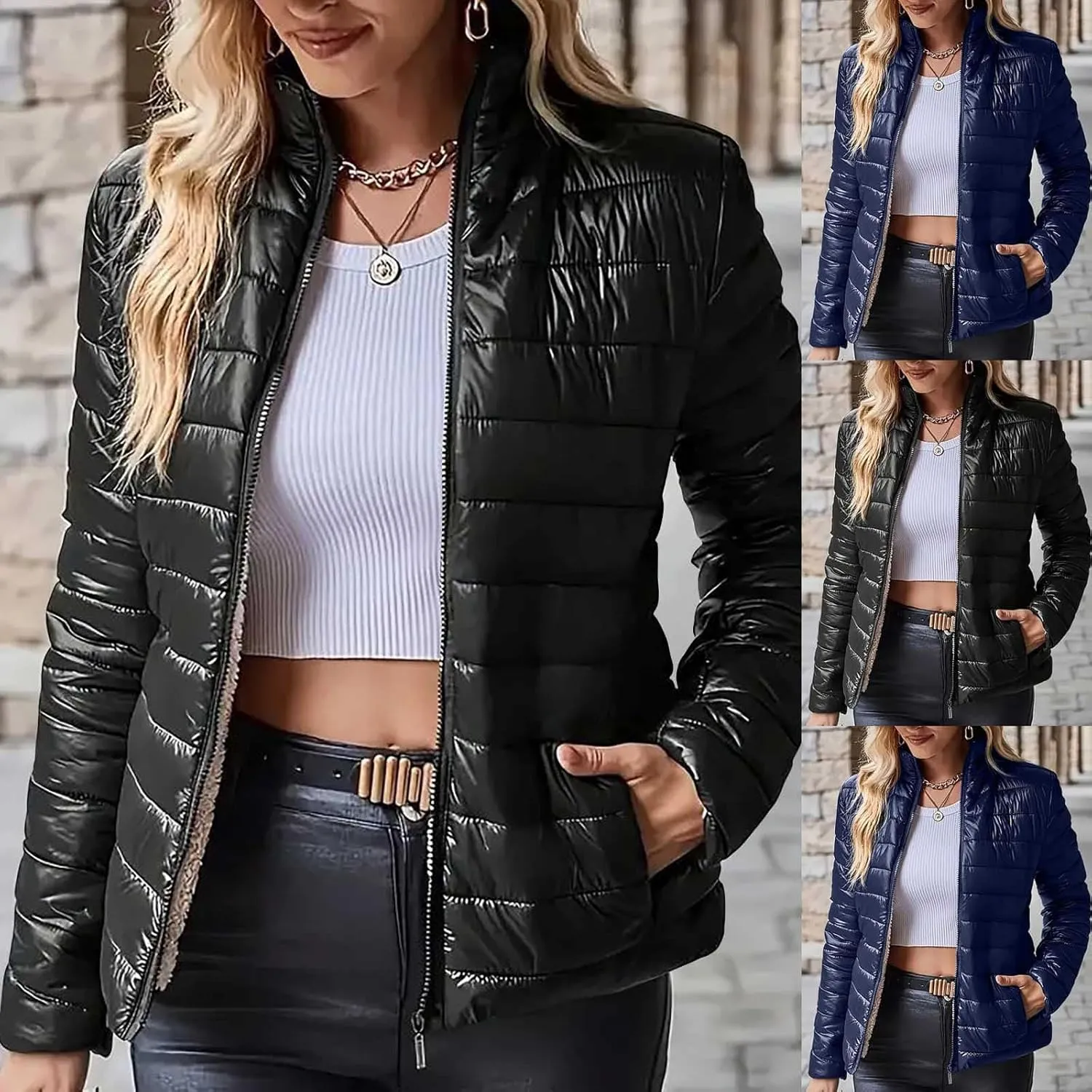 HGps8w Women's Stand Collar Winter Quilted Coats Slim Fit Full Zip Puffer Jackets Padded Down Lightweight Warm Outerwear