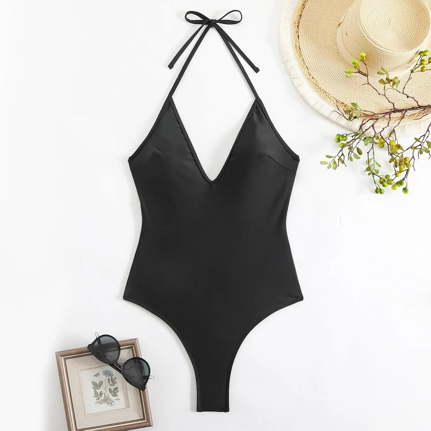HGps8w Women's Tummy Control One Piece Swimsuit Sexy Deep V Neck Backless Bathing Suit Slimming Halter Padded Swimwear