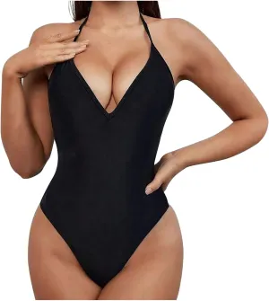 HGps8w Women's Tummy Control One Piece Swimsuit Sexy Deep V Neck Backless Bathing Suit Slimming Halter Padded Swimwear