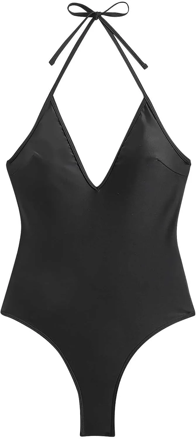 HGps8w Women's Tummy Control One Piece Swimsuit Sexy Deep V Neck Backless Bathing Suit Slimming Halter Padded Swimwear