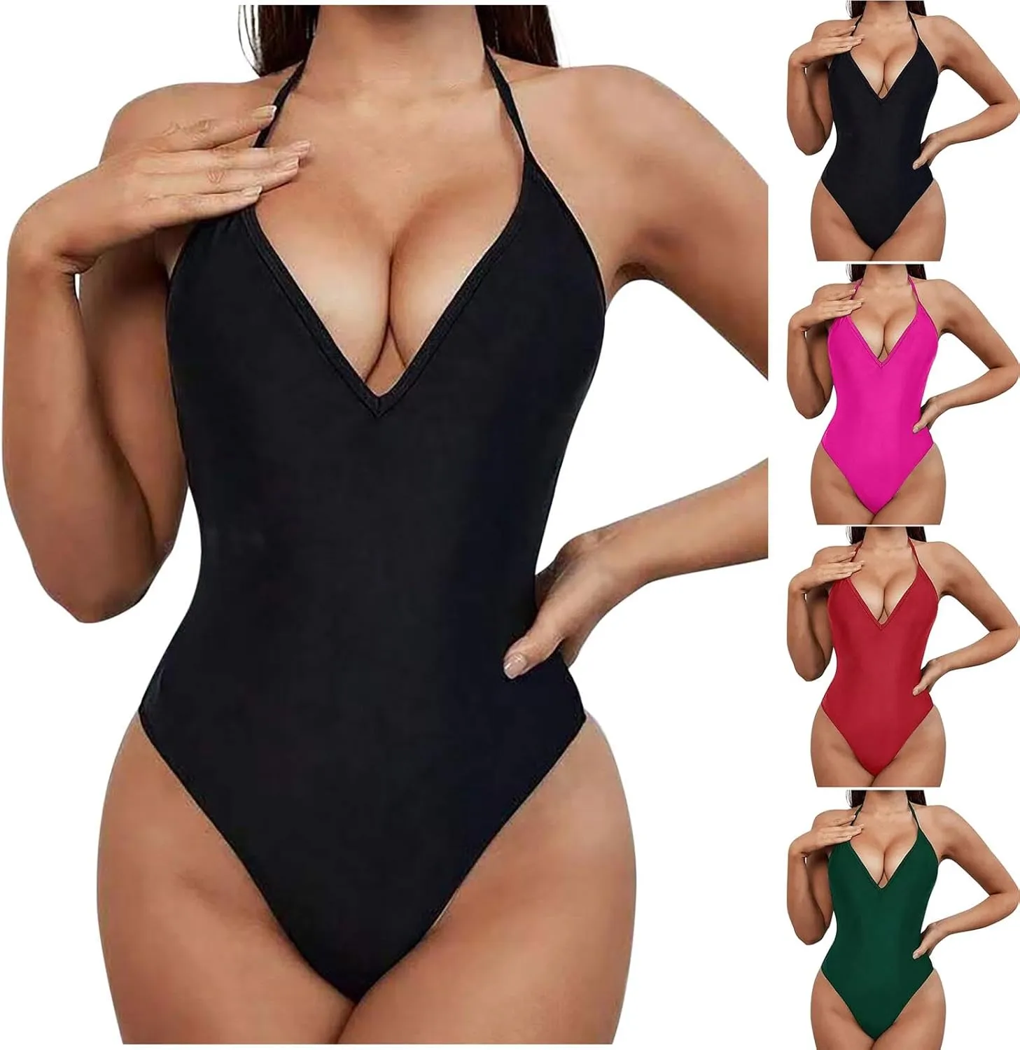 HGps8w Women's Tummy Control One Piece Swimsuit Sexy Deep V Neck Backless Bathing Suit Slimming Halter Padded Swimwear