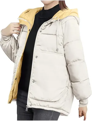HGps8w Women's Winter Quilted Coats Colorblock Warm Hooded Puffer Jackets Long Sleeve Padded Down Lightweight Outerwear