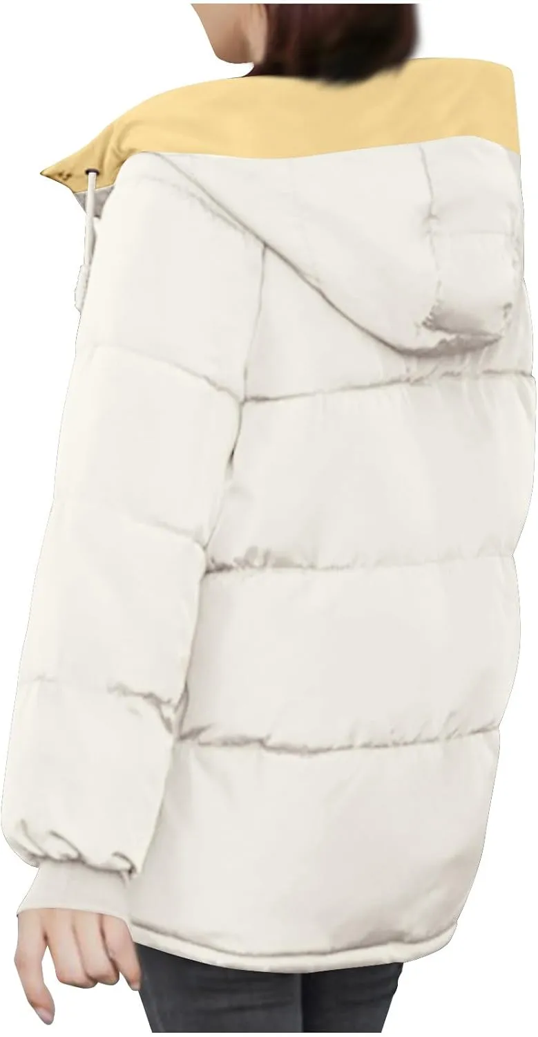 HGps8w Women's Winter Quilted Coats Colorblock Warm Hooded Puffer Jackets Long Sleeve Padded Down Lightweight Outerwear