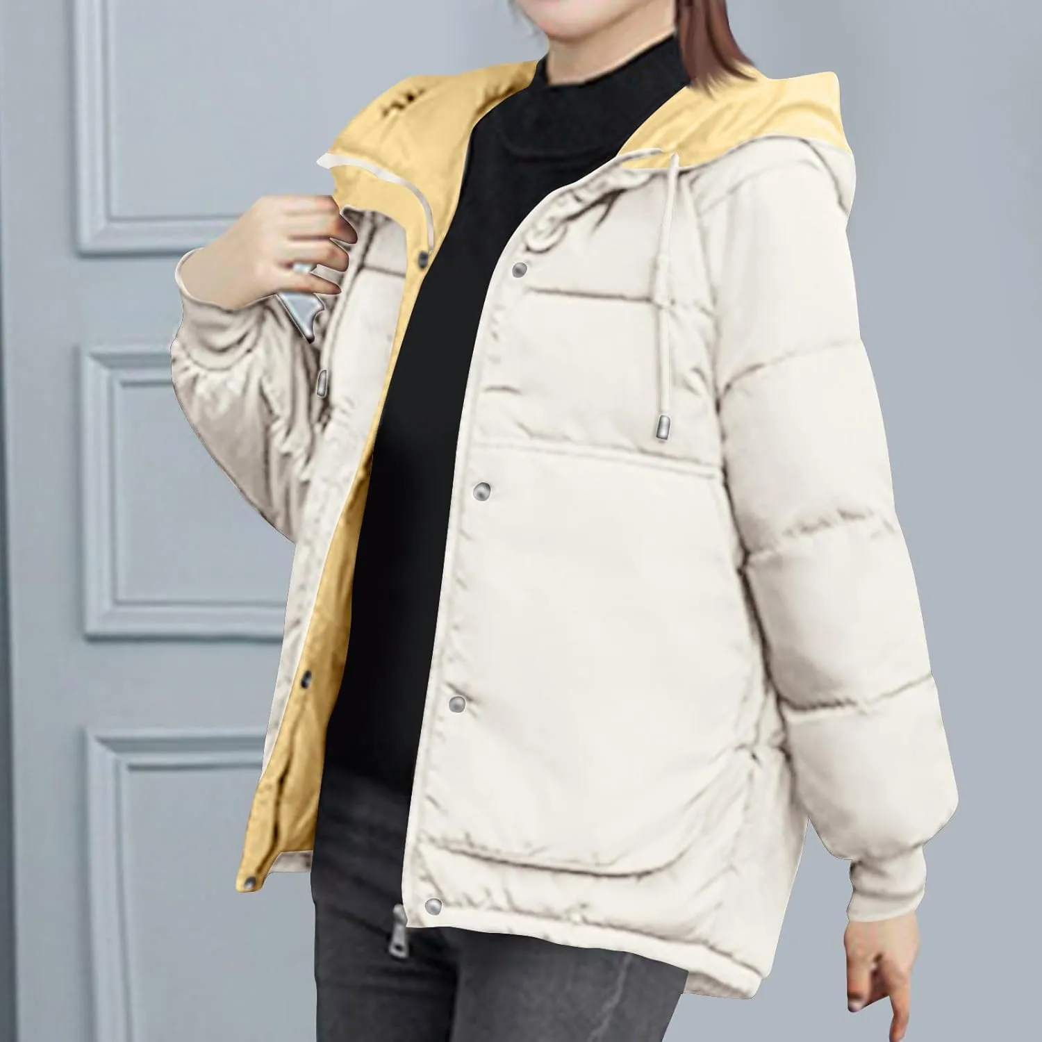 HGps8w Women's Winter Quilted Coats Colorblock Warm Hooded Puffer Jackets Long Sleeve Padded Down Lightweight Outerwear
