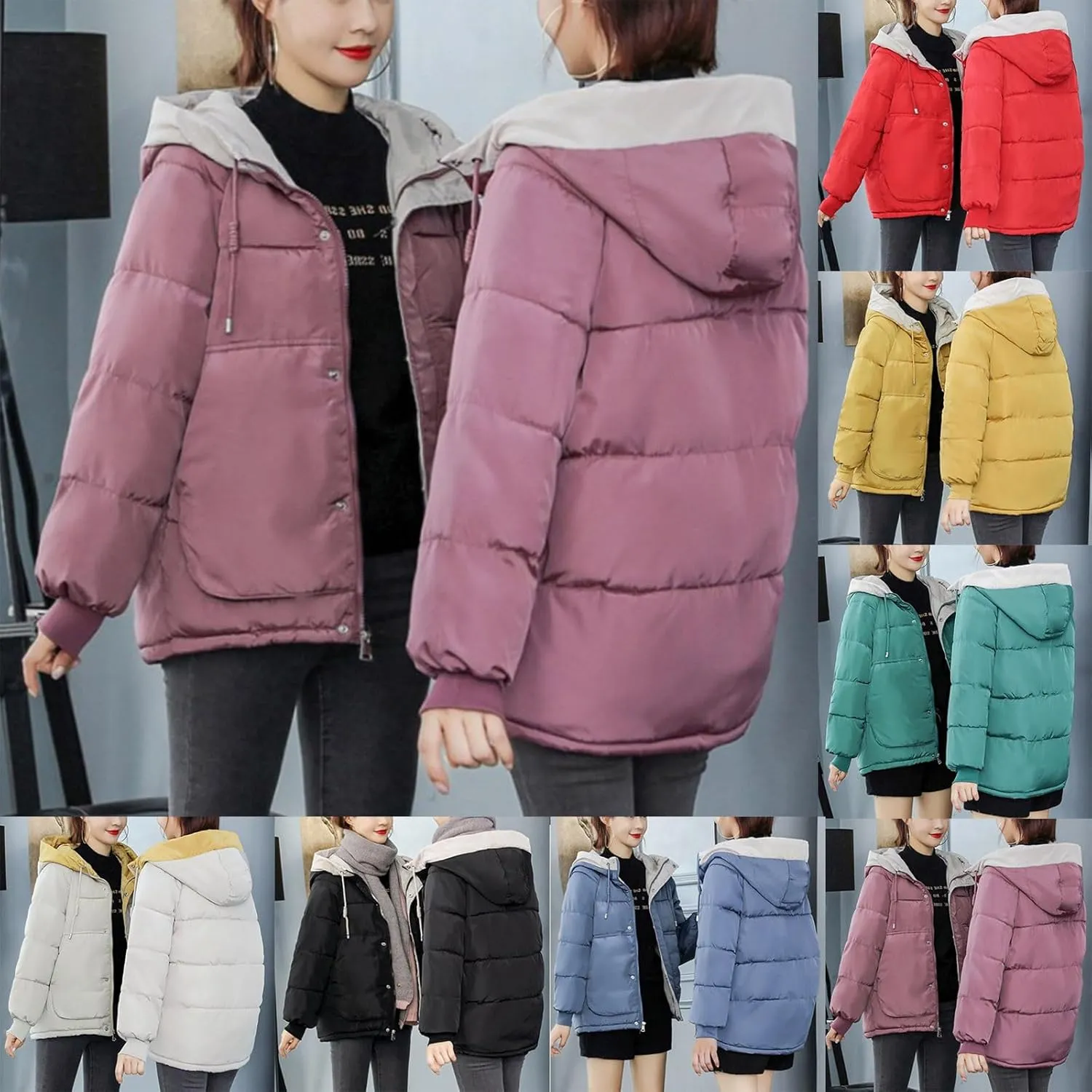 HGps8w Women's Winter Quilted Coats Colorblock Warm Hooded Puffer Jackets Long Sleeve Padded Down Lightweight Outerwear