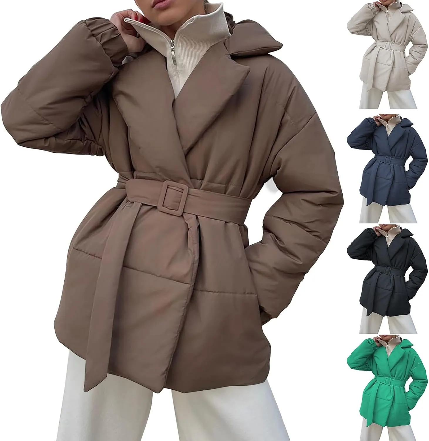 HGps8w Women's Winter Quilted Down Coat with Belt, Oversized Wrap Padded Warm Outerwear Puffer Jackets with Pockets