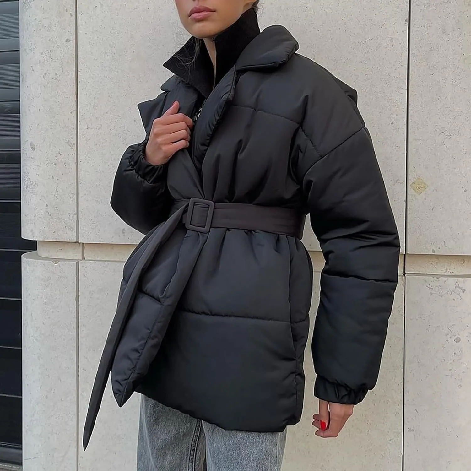 HGps8w Women's Winter Quilted Down Coat with Belt, Oversized Wrap Padded Warm Outerwear Puffer Jackets with Pockets