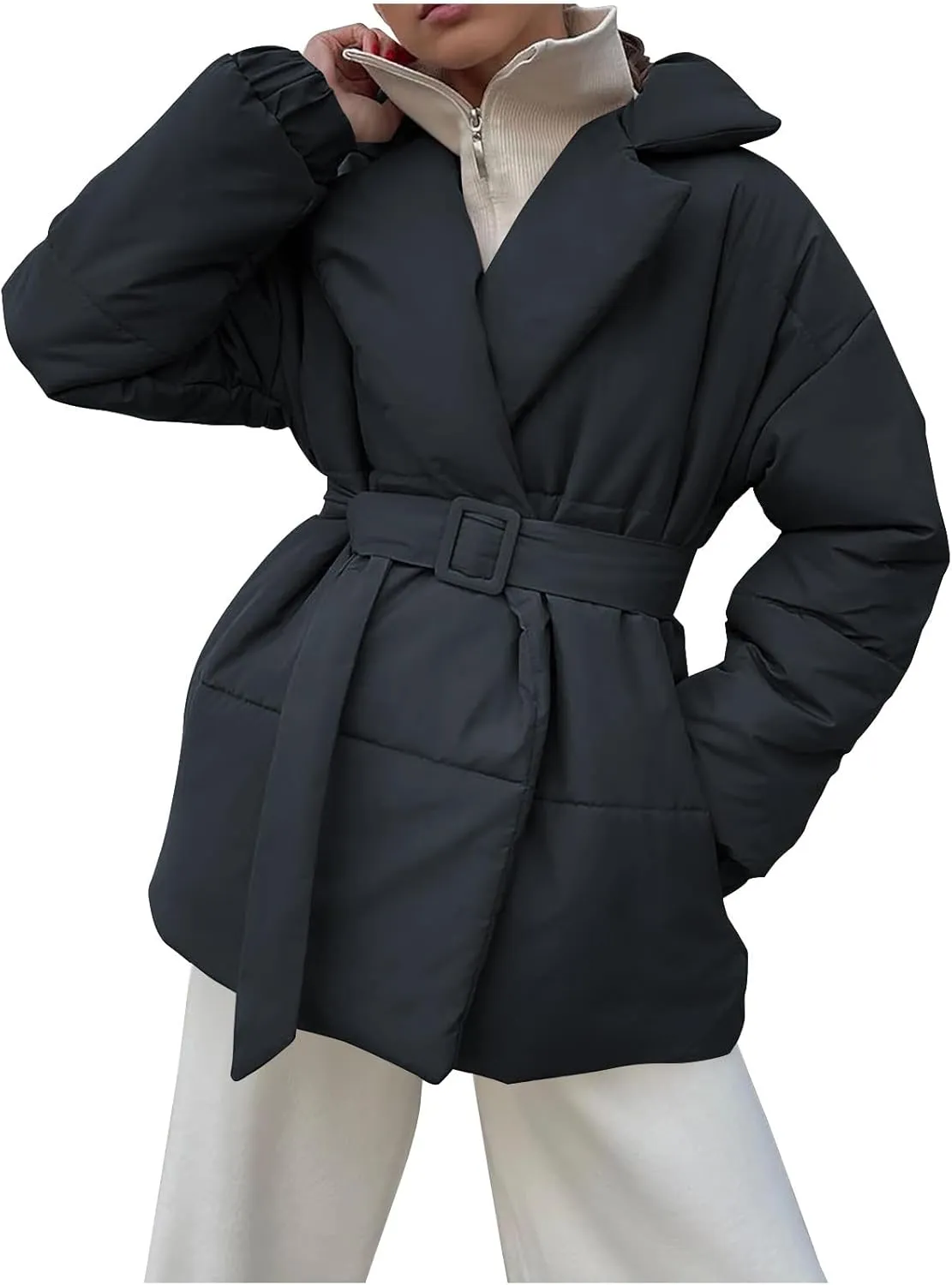 HGps8w Women's Winter Quilted Down Coat with Belt, Oversized Wrap Padded Warm Outerwear Puffer Jackets with Pockets