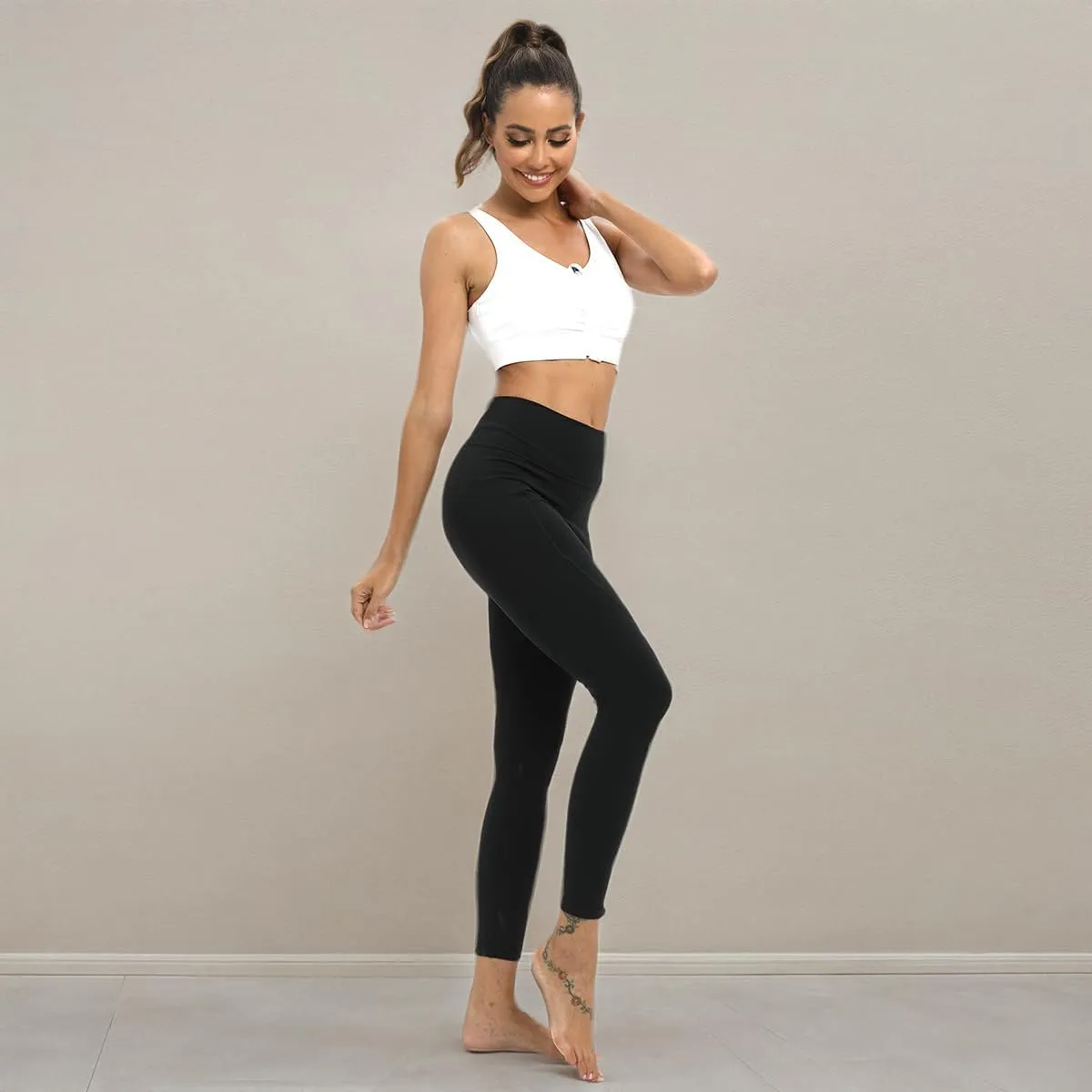 High Waist Compression Yoga Leggings with 3 Pockets,Tummy Control Yoga Gym Pants for Running