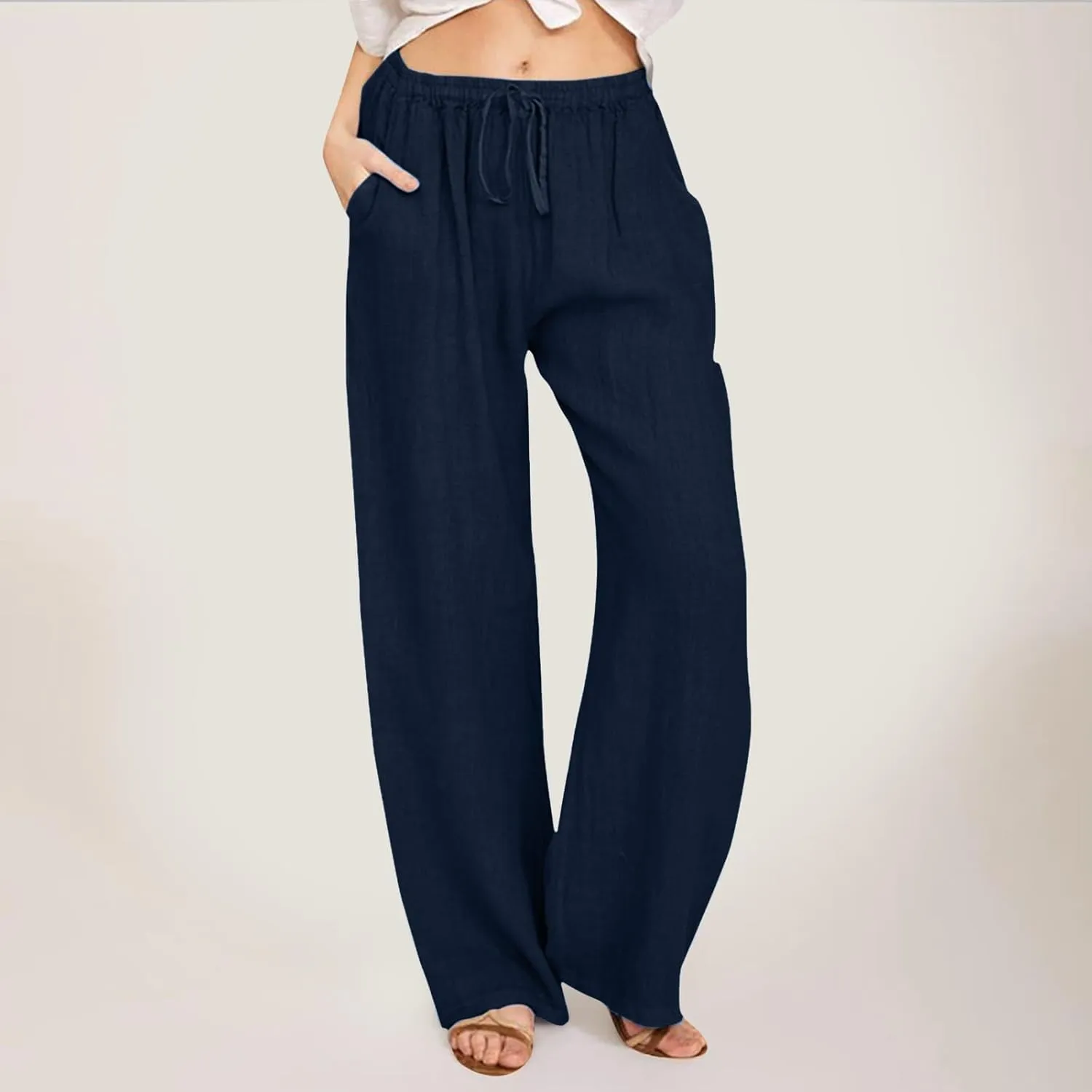 High Waist Wide Leg Linen Pants For Women Drawstring Boho Palazzo Trouser with Pockets Lounge Travel Vacation Outfits