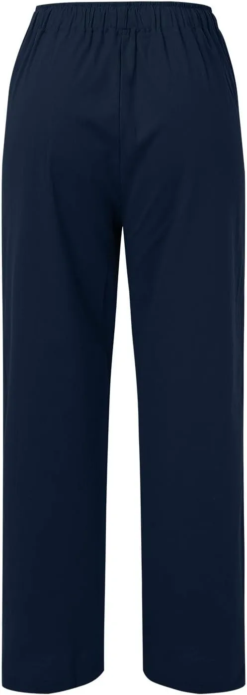 High Waist Wide Leg Linen Pants For Women Drawstring Boho Palazzo Trouser with Pockets Lounge Travel Vacation Outfits
