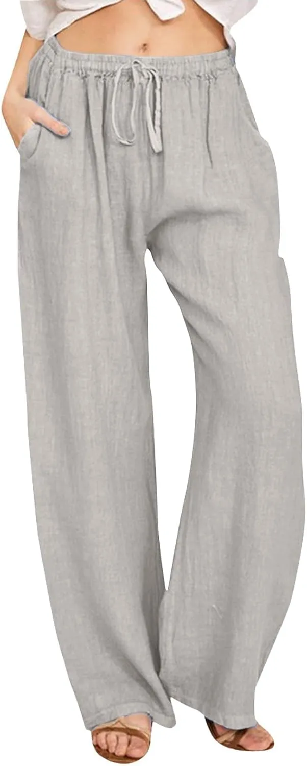 High Waist Wide Leg Linen Pants For Women Drawstring Boho Palazzo Trouser with Pockets Lounge Travel Vacation Outfits